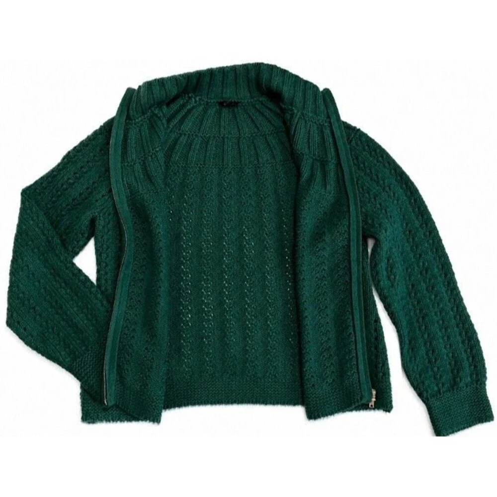 Talbots Women’s L Green Open Knit Full Zip Cardigan Sweater Textured Mock Neck
